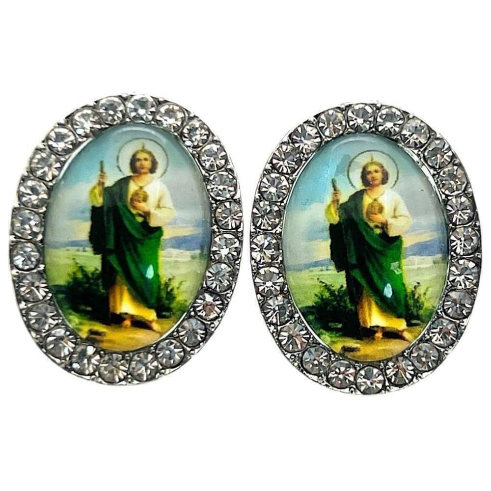 San Judas St. Jude Religious Crystal Rhinestone Silver Tone Oval Post Earrings - Picture 4 of 4